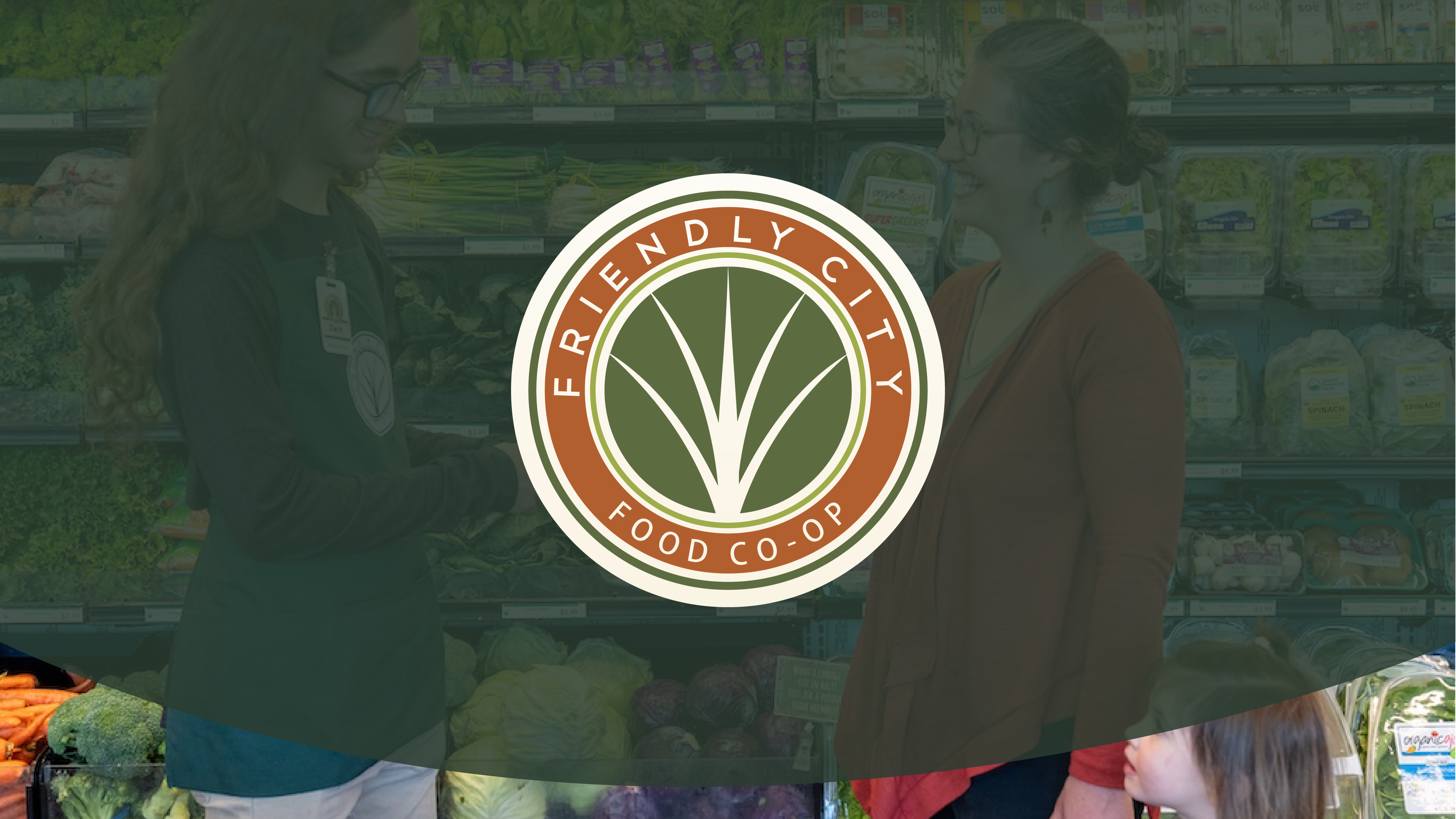 Friendly City Food Co-Op logo on top of green transparency and image in grocery aisle