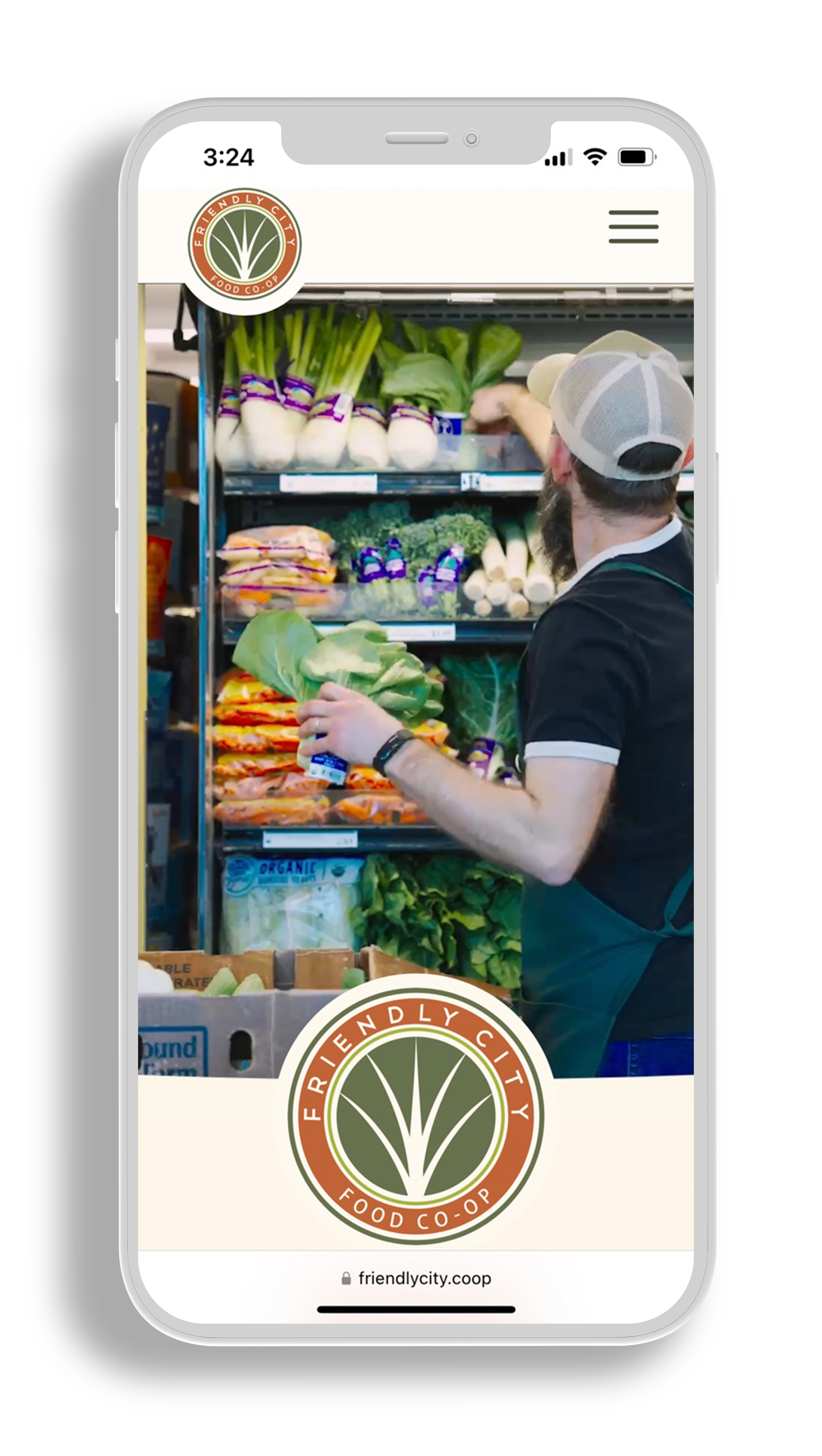 iPhone mockup of Friendly City Food Co-ops new mobile friendly website