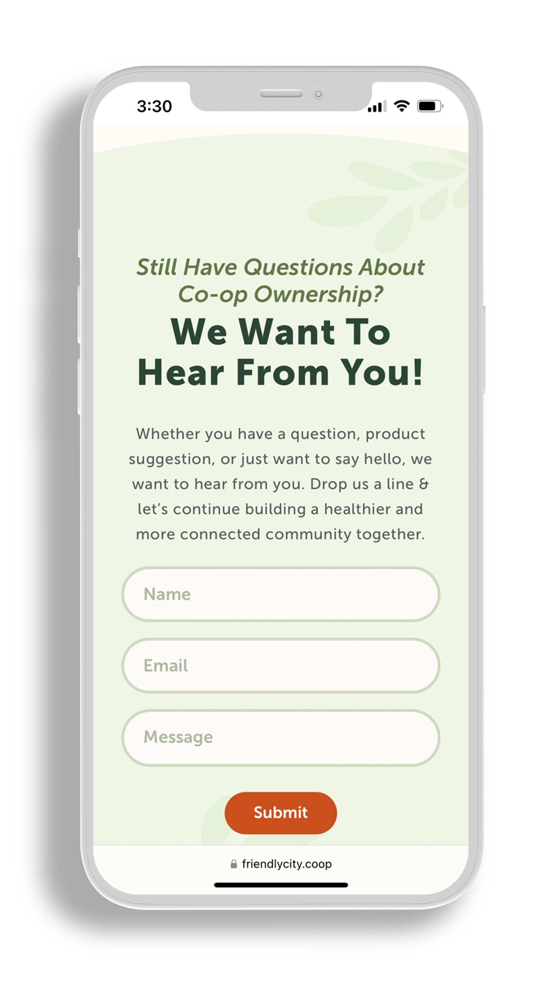 iPhone mockup of Friendly City Food Co-ops new mobile friendly website with survey question on the screen.